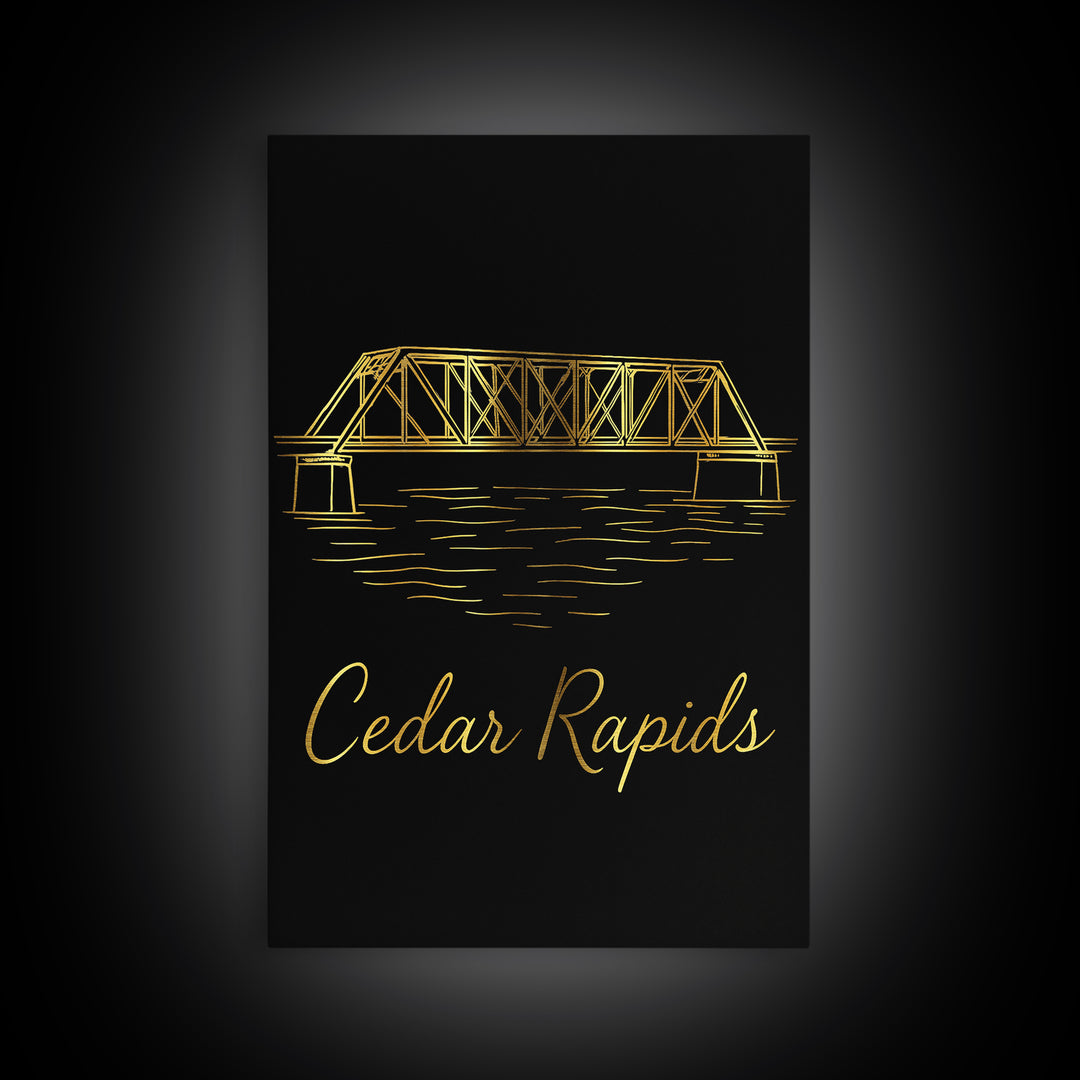 Cedar Rapids Iowa Travel Poster, Canvas Print, Gold Outline Poster Art, Cedar Rapids Wall Art, Gift For Travelers, Wanderlust Decor