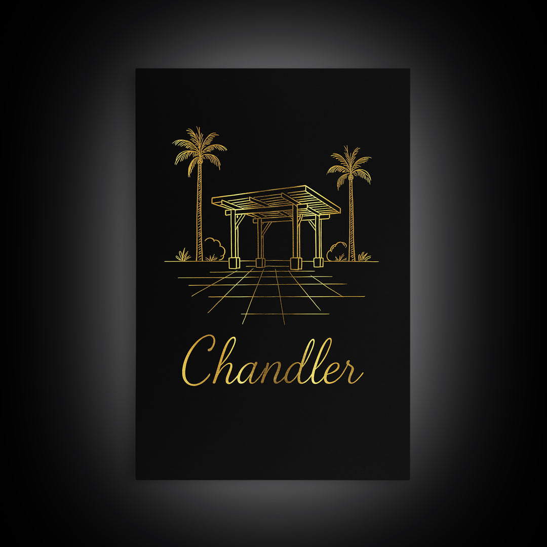 Chandler Arizona Travel Poster, Framed Canvas Print, Gold Outline Poster Art, Chandler Poster Print, Wanderlust Decor, Travel Wall Art