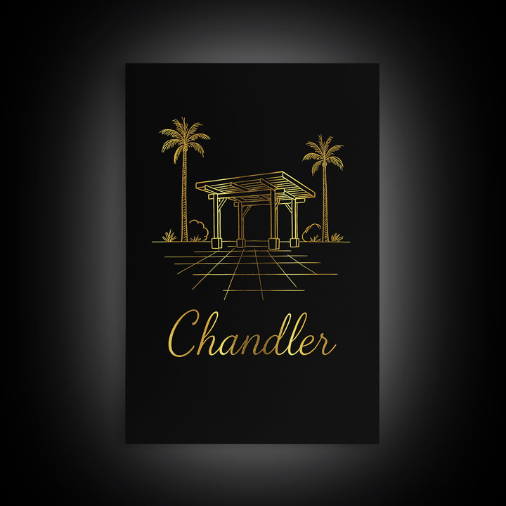 Chandler Arizona Travel Poster, Framed Canvas Print, Gold Outline Poster Art, Chandler Poster Print, Wanderlust Decor, Travel Wall Art
