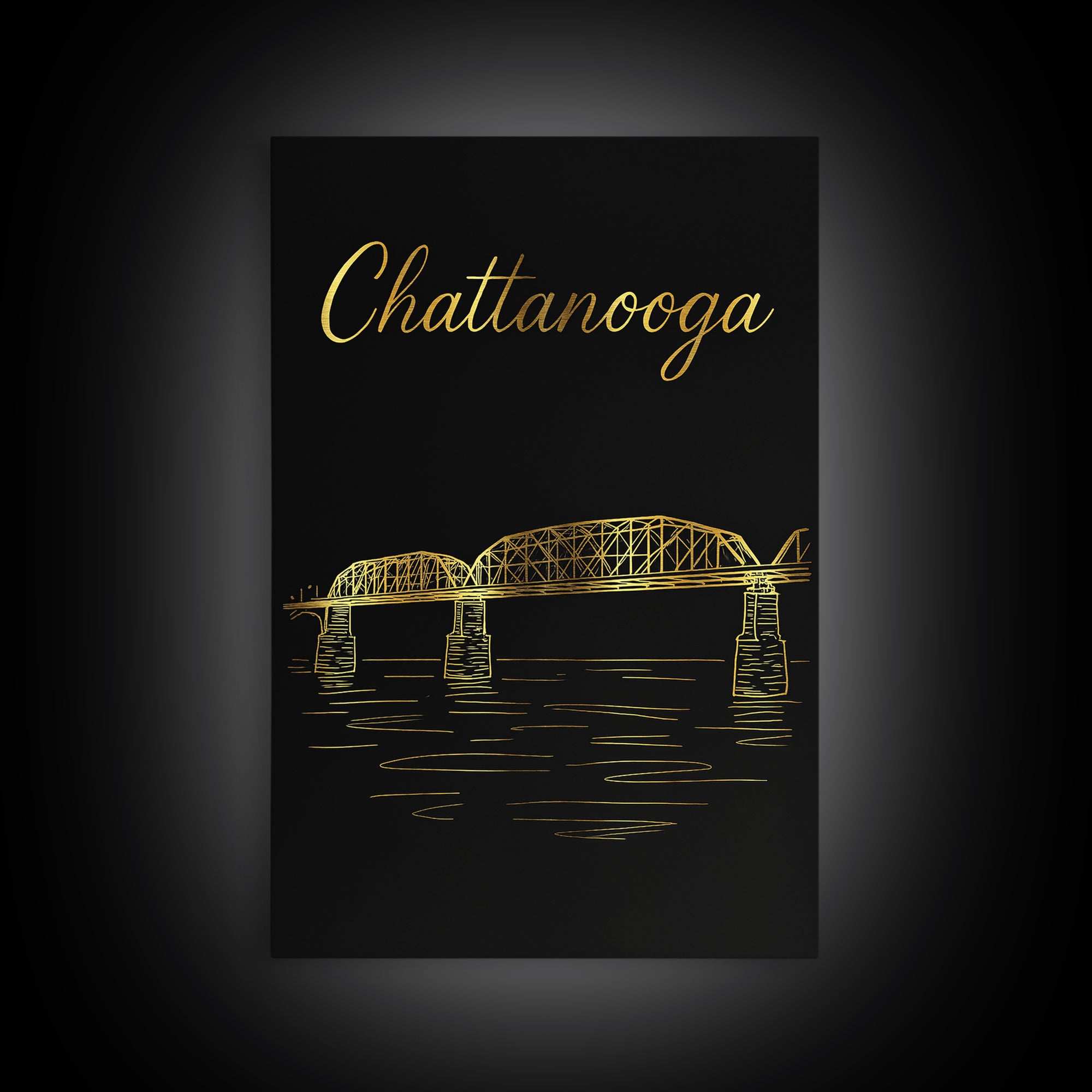 Chattanooga Tennessee Travel Poster, Canvas Print, Gold Outline Poster Art, Chattanooga Wall Art, Mid Century Wall Art, Travel Art Print