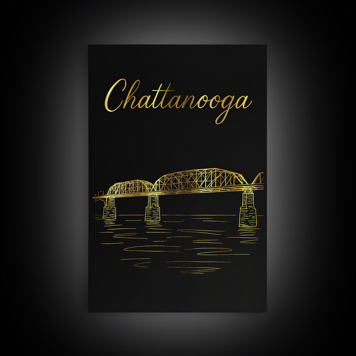 Chattanooga Tennessee Travel Poster, Canvas Print, Gold Outline Poster Art, Chattanooga Wall Art, Mid Century Wall Art, Travel Art Print