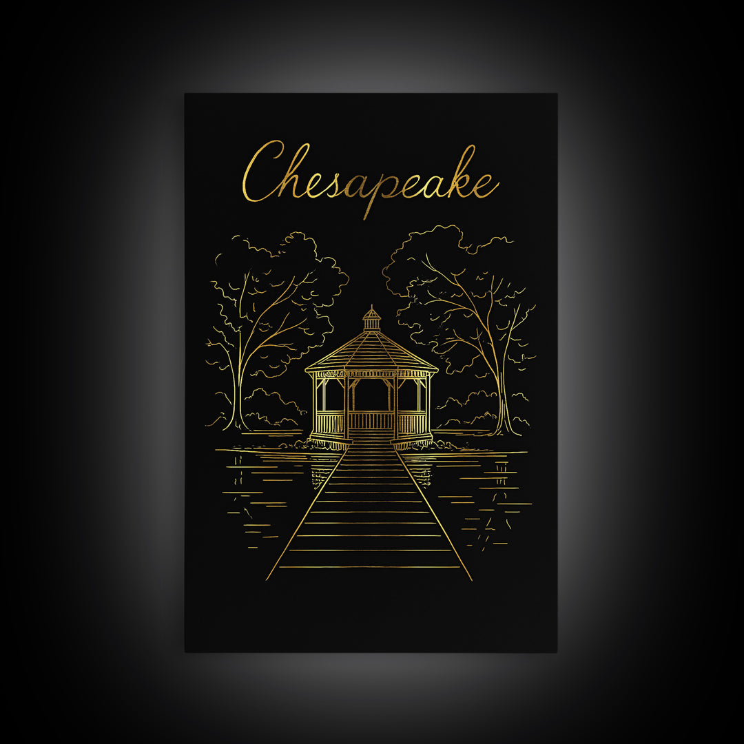Chesapeake Travel Poster, Framed Canvas Print, Black Gold Minimalist Art, Chesapeake Art Print, Eclectic Wall Decor, Gift For Travelers