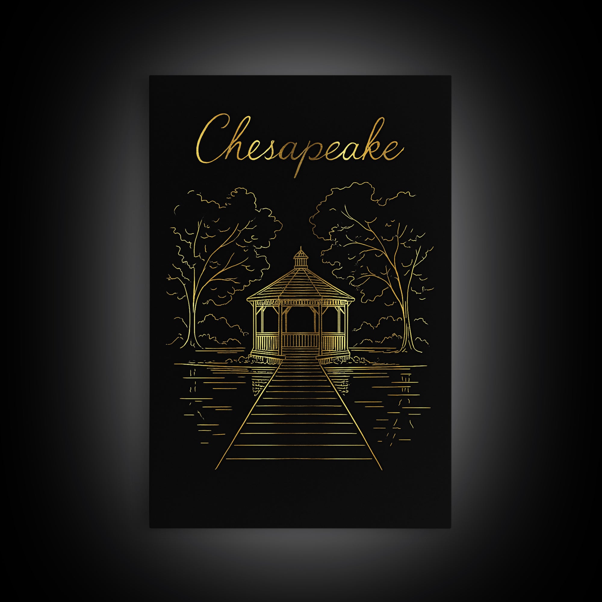 Chesapeake Travel Poster, Framed Canvas Print, Black Gold Minimalist Art, Chesapeake Art Print, Eclectic Wall Decor, Gift For Travelers