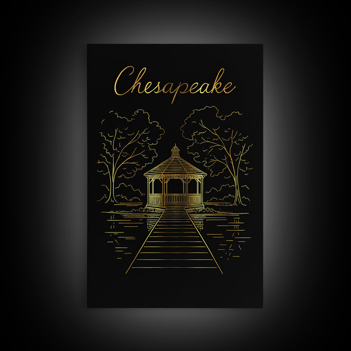 Chesapeake Travel Poster, Framed Canvas Print, Black Gold Minimalist Art, Chesapeake Art Print, Eclectic Wall Decor, Gift For Travelers