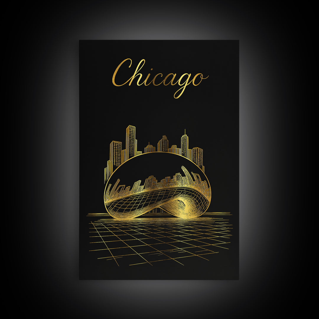 Chicago Illinois Travel Poster, Framed Canvas Print, Gold Outline Poster Art, Chicago Travel Art, Gift For Travelers, Retro Travel Print