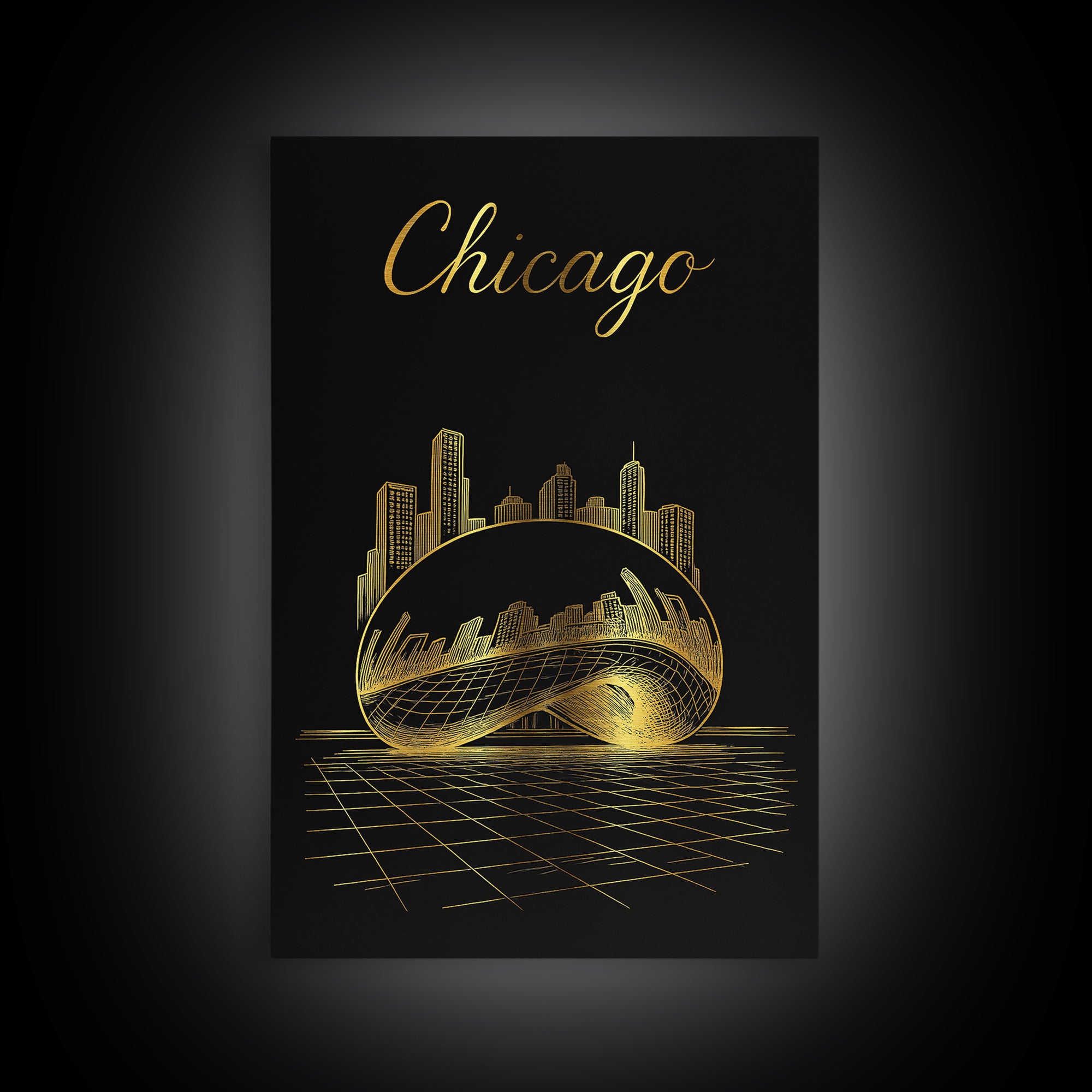 Chicago Illinois Travel Poster, Framed Canvas Print, Gold Outline Poster Art, Chicago Travel Art, Gift For Travelers, Retro Travel Print