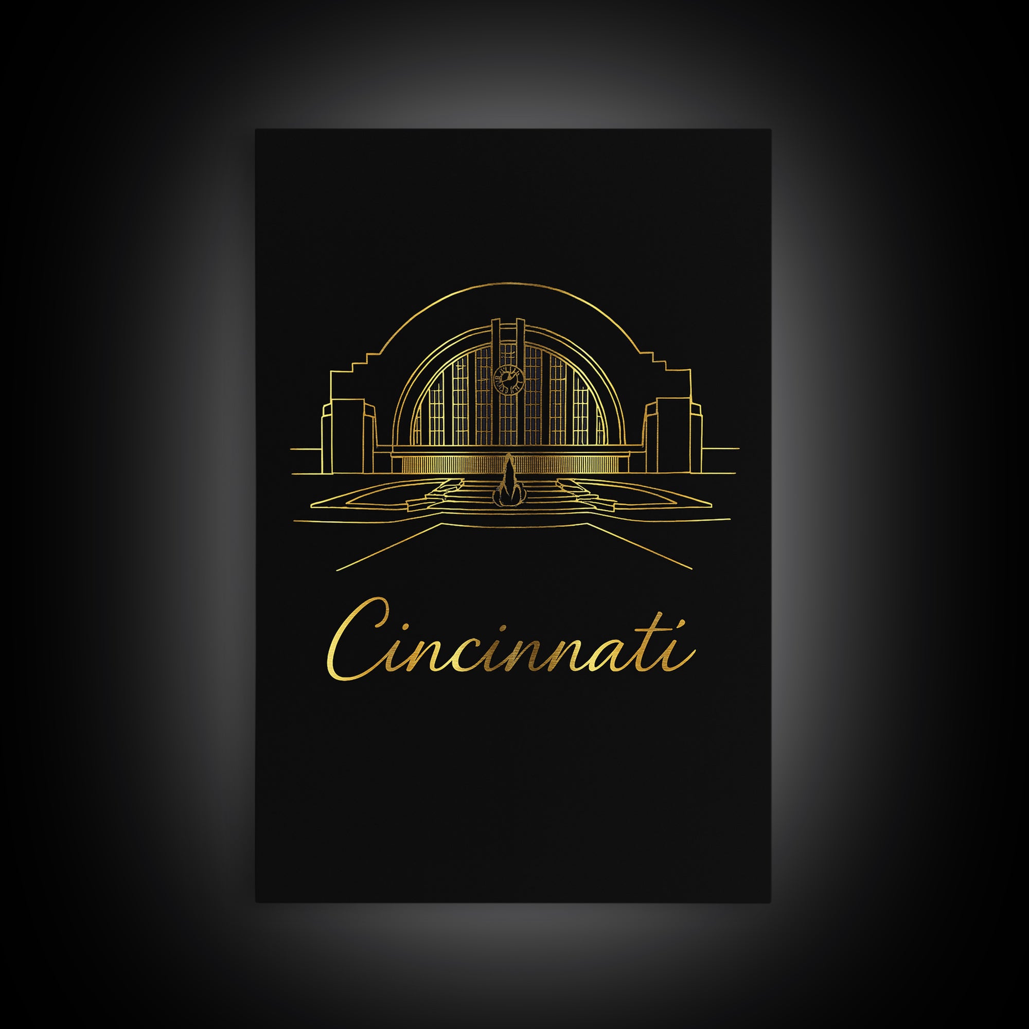 Cincinnati Ohio Travel Poster, Framed Canvas Print, Black Gold Minimalist Art, Cincinnati City Art, Fine Art Print, Living Room Wall Art