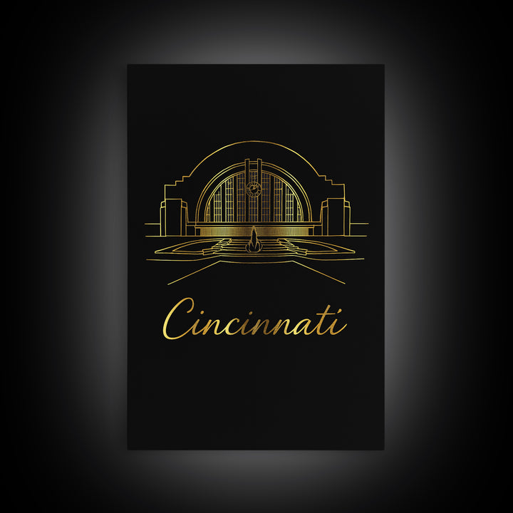 Cincinnati Ohio Travel Poster, Framed Canvas Print, Black Gold Minimalist Art, Cincinnati City Art, Fine Art Print, Living Room Wall Art
