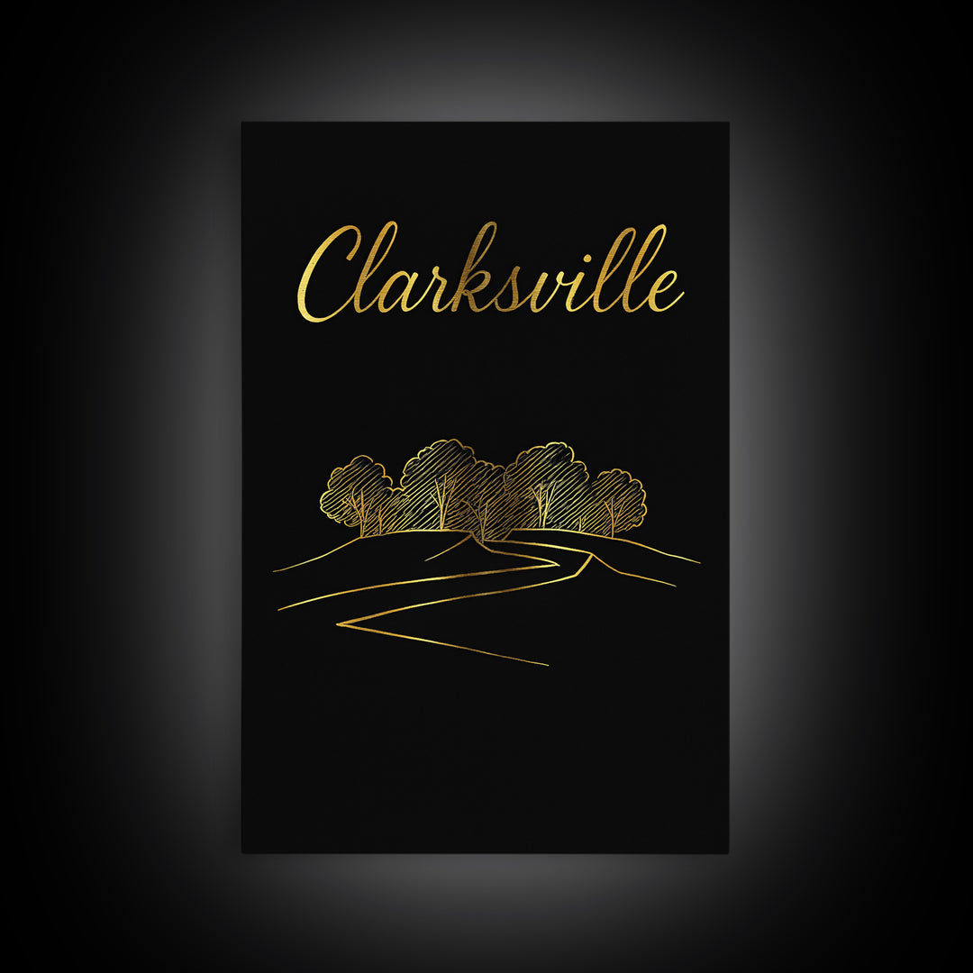 Clarksville Tennessee Travel Poster, Framed Canvas Print, Minimalist Gold Line Art, Clarksville City Art, City Art Print, Wanderlust Decor