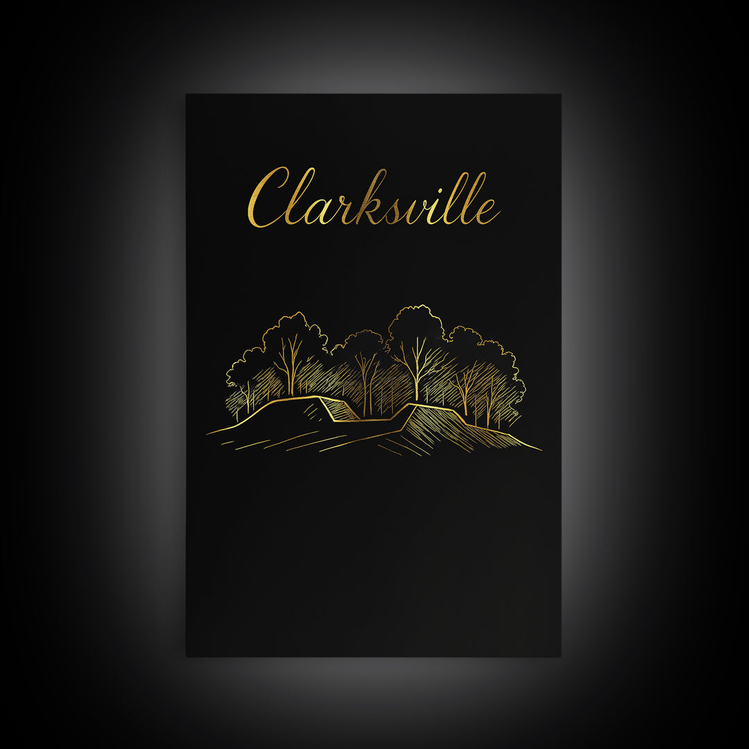 Clarksville Travel Poster, Framed Canvas Print, Dark Minimalist Wall Art, Clarksville Wall Art, Home Office Decor, City Art Print