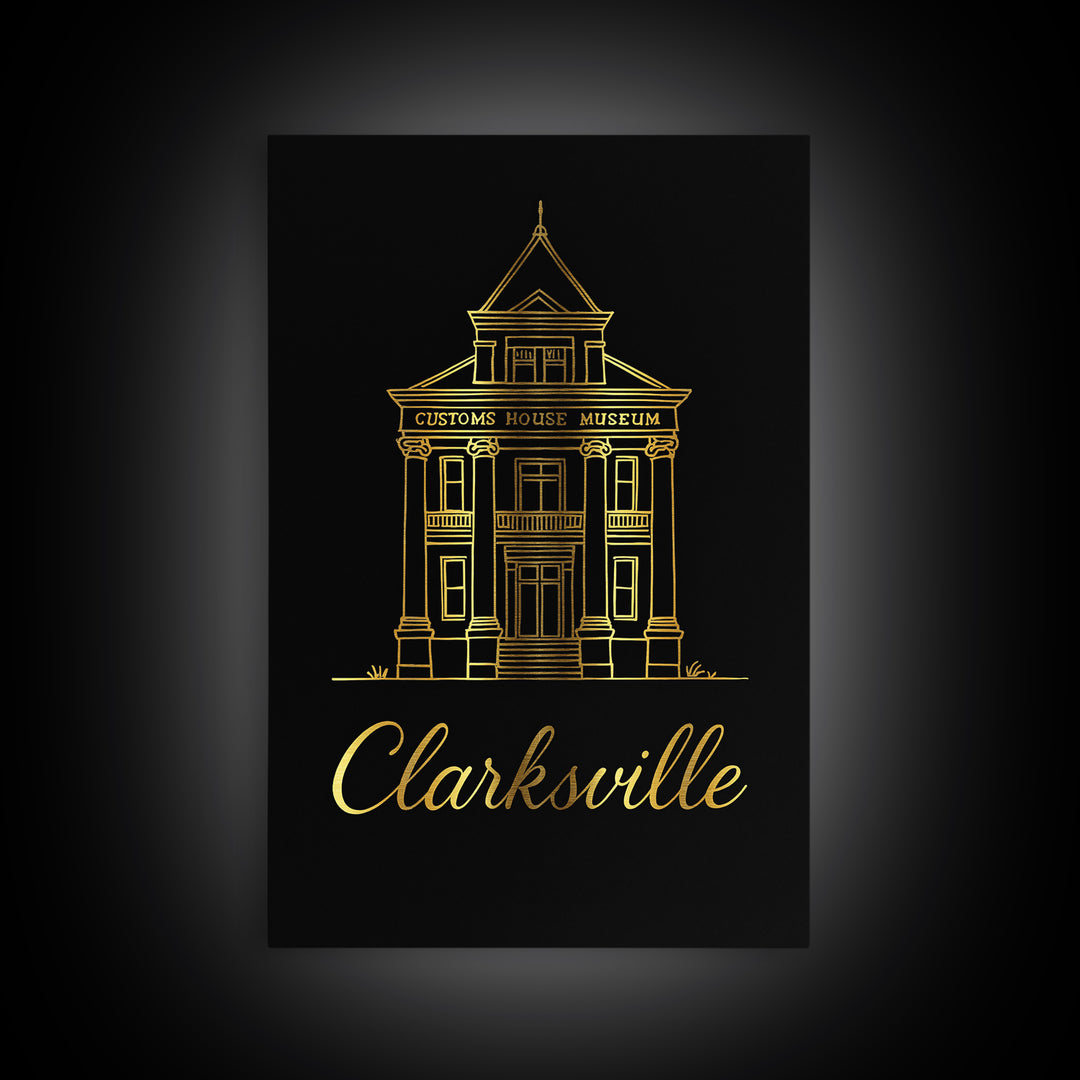 Clarksville Travel Poster, Framed Canvas Print, Gold Outline Poster Art, Clarksville Poster Print, Vintage City Art, Retro Travel Print