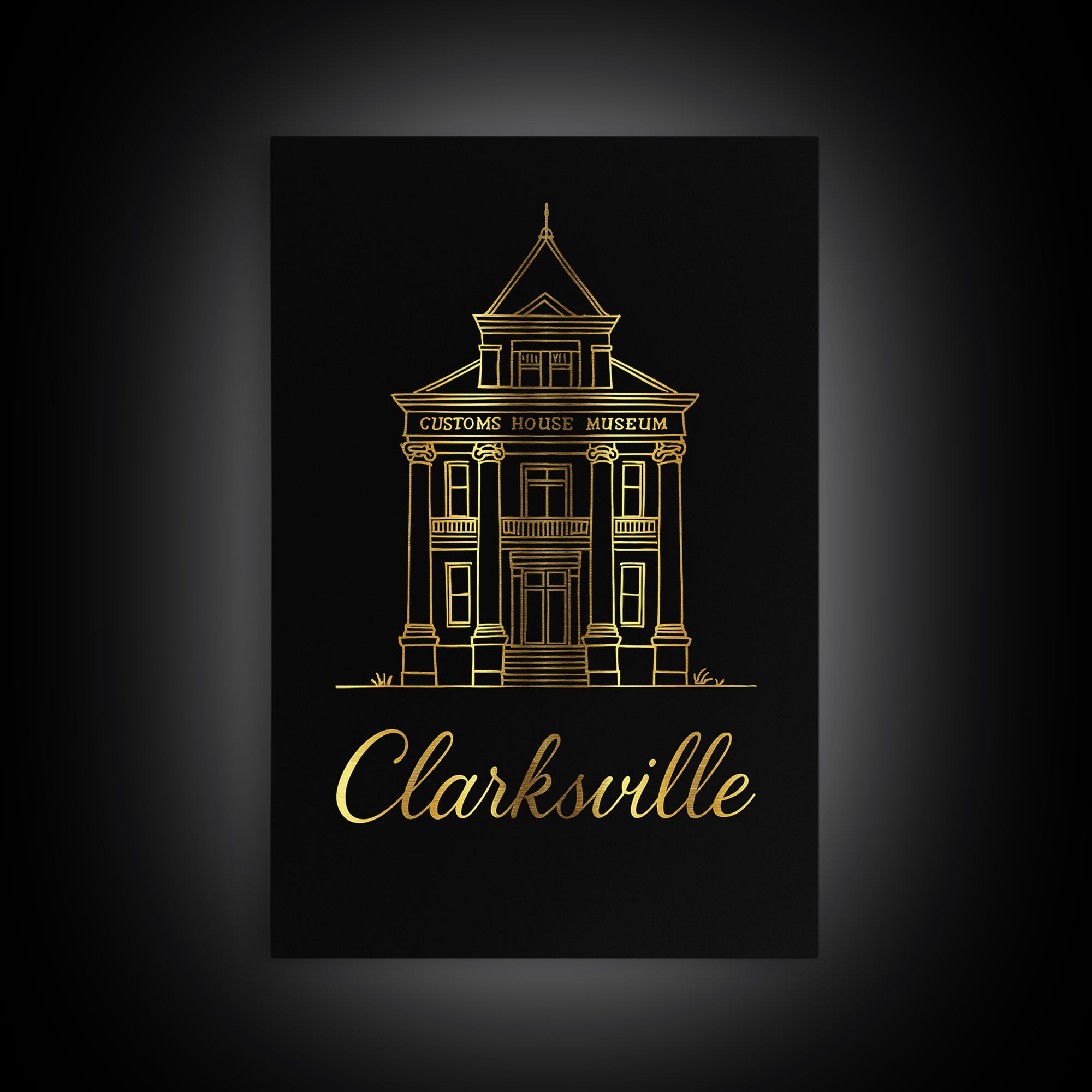 Clarksville Travel Poster, Framed Canvas Print, Gold Outline Poster Art, Clarksville Poster Print, Vintage City Art, Retro Travel Print