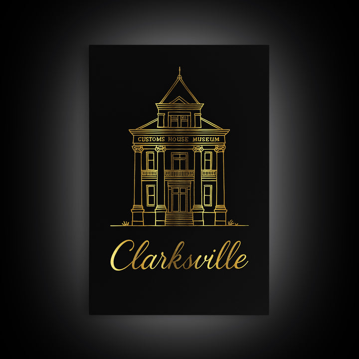 Clarksville Travel Poster, Framed Canvas Print, Gold Outline Poster Art, Clarksville Poster Print, Vintage City Art, Retro Travel Print