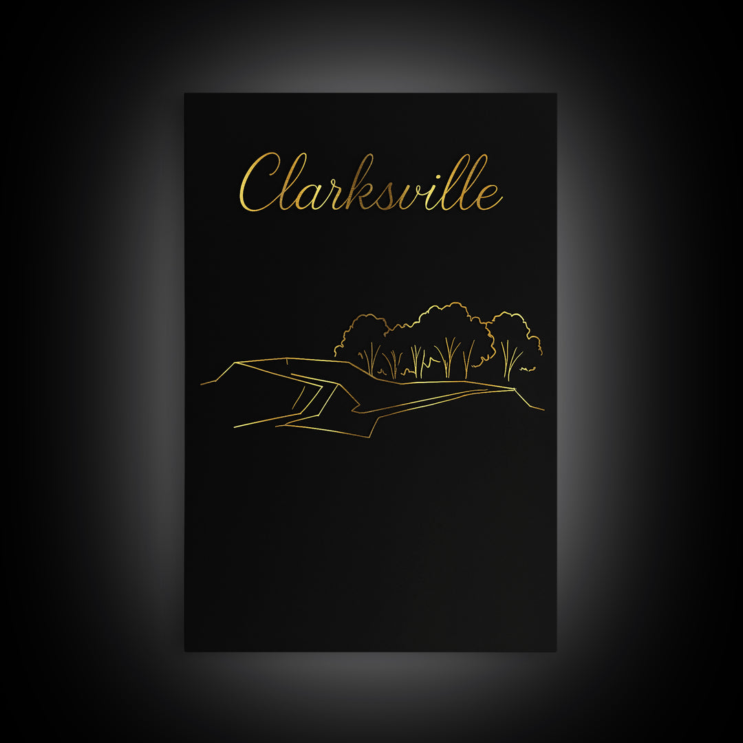 Clarksville Travel Poster, Framed Canvas Print, Black Gold Minimalist Art, Clarksville Travel Art, City Travel Prints, City Art Print