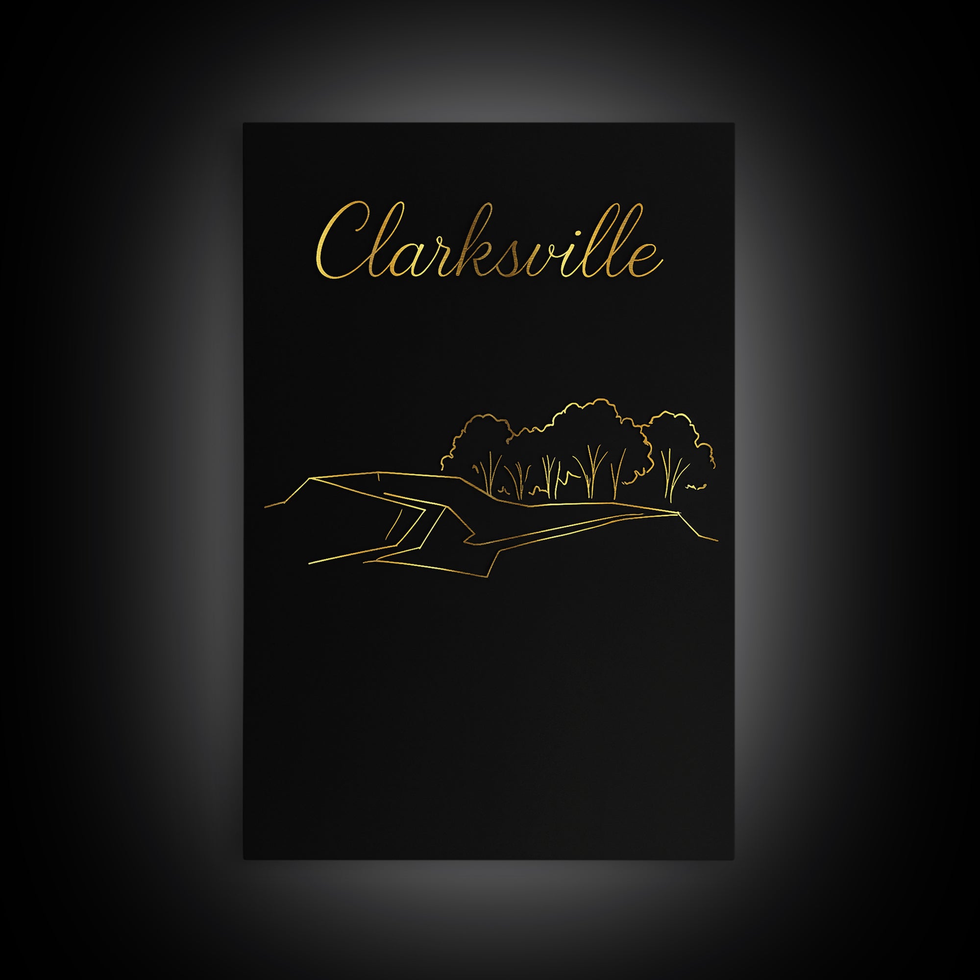 Clarksville Travel Poster, Framed Canvas Print, Black Gold Minimalist Art, Clarksville Travel Art, City Travel Prints, City Art Print