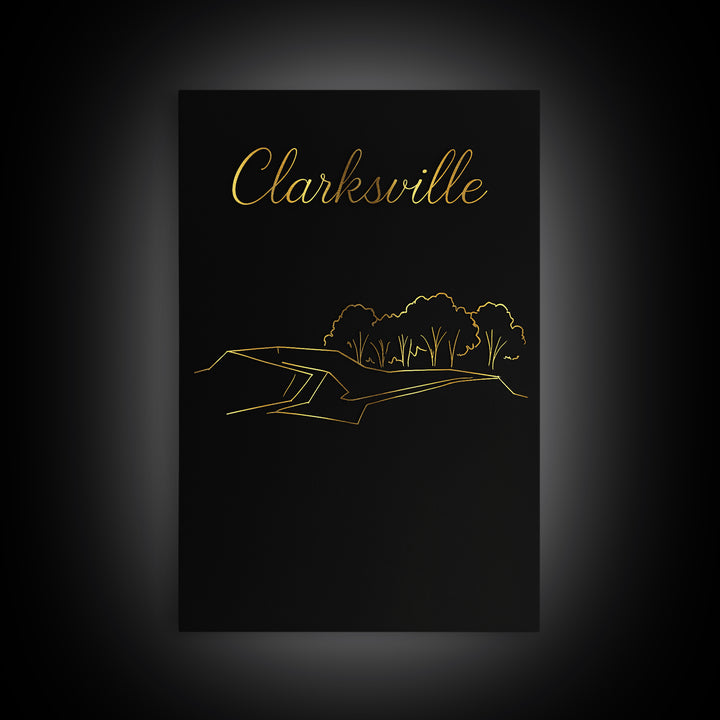 Clarksville Travel Poster, Framed Canvas Print, Black Gold Minimalist Art, Clarksville Travel Art, City Travel Prints, City Art Print