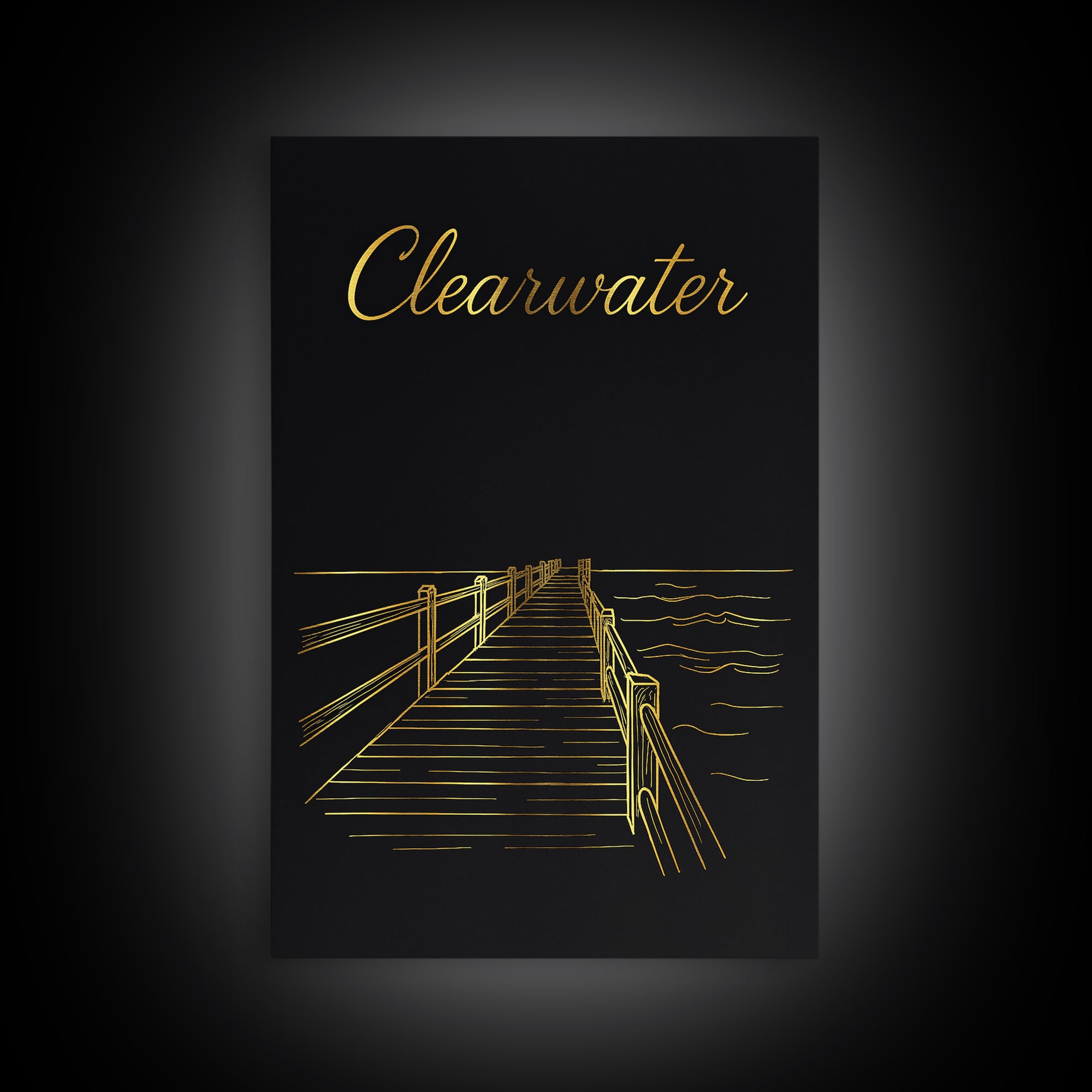 Clearwater Travel Poster, Framed Canvas Print, Gold Outline Poster Art, Clearwater Wall Art, Travel Poster Set, Modern Wall Decor