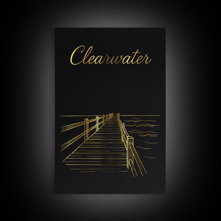 Clearwater Travel Poster, Framed Canvas Print, Gold Outline Poster Art, Clearwater Wall Art, Travel Poster Set, Modern Wall Decor
