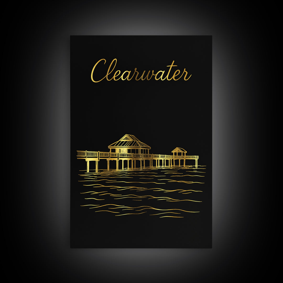 Clearwater Travel Poster, Framed Canvas Print, Gold Outline Poster Art, Clearwater Poster Print, Wanderlust Decor, City Illustration