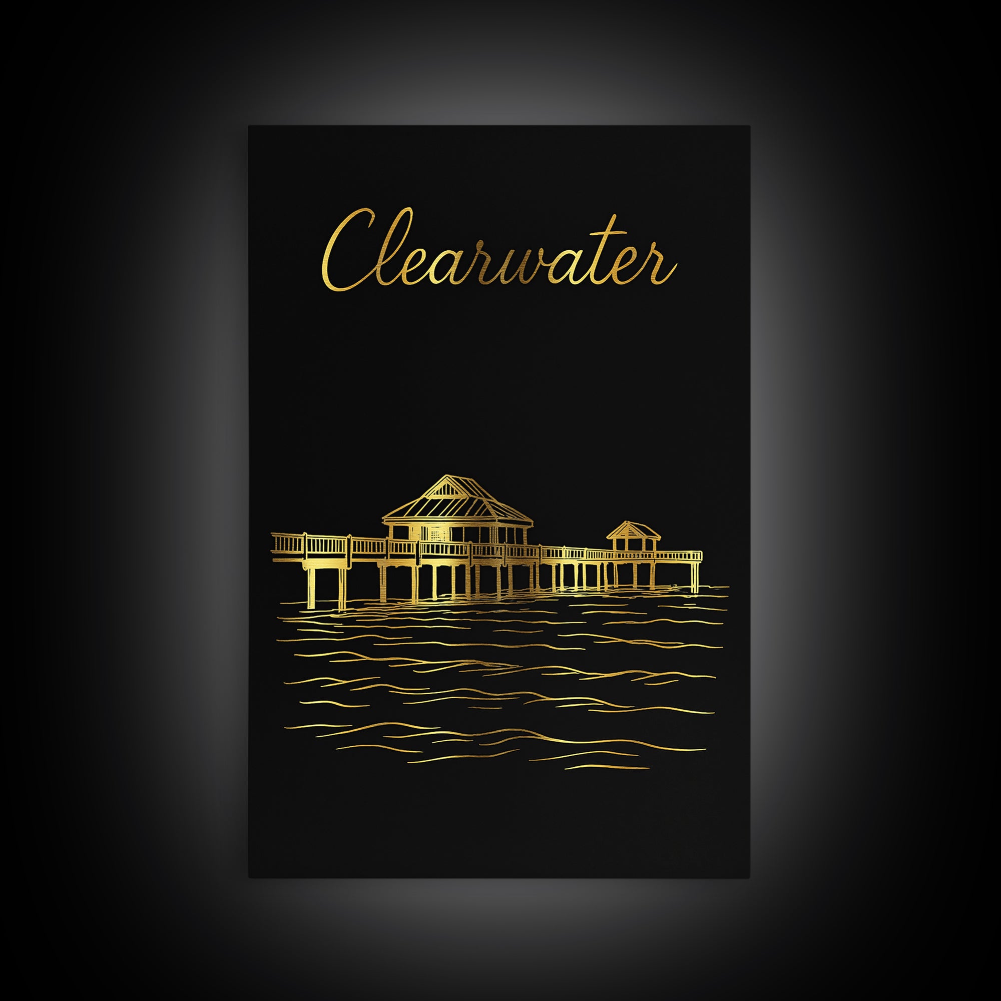 Clearwater Travel Poster, Framed Canvas Print, Gold Outline Poster Art, Clearwater Poster Print, Wanderlust Decor, City Illustration
