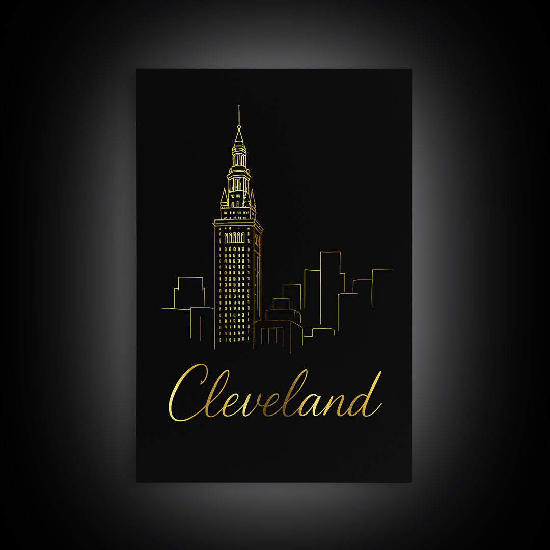 Cleveland Ohio Travel Poster, Framed Canvas Print, Minimalist Gold Line Art, Cleveland City Art, Fine Art Print, City Travel Prints