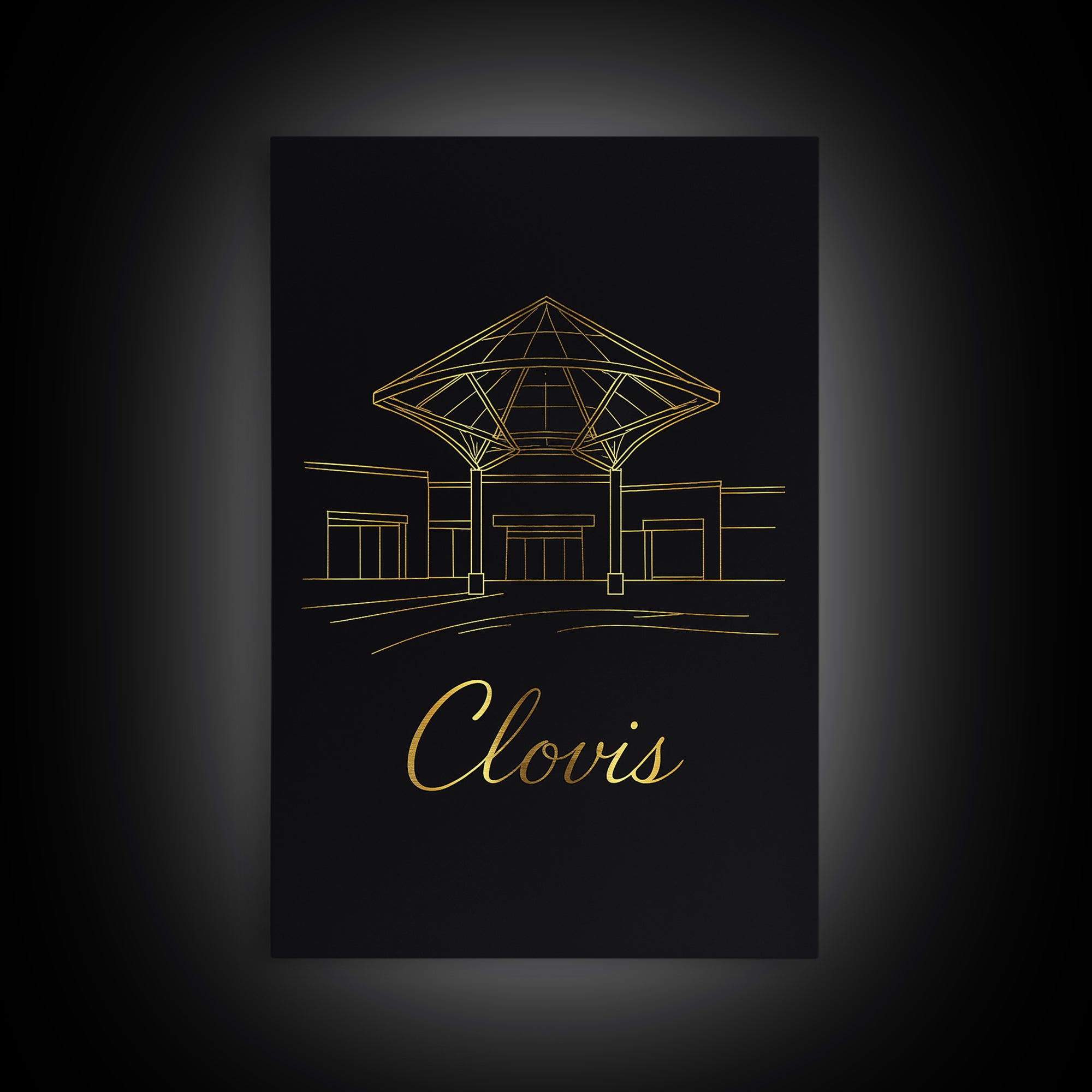Clovis Travel Poster, Canvas Print, Gold Outline Poster Art, Clovis Travel Art, City Art Print, Mid Century Wall Art, Watercolor Skyline