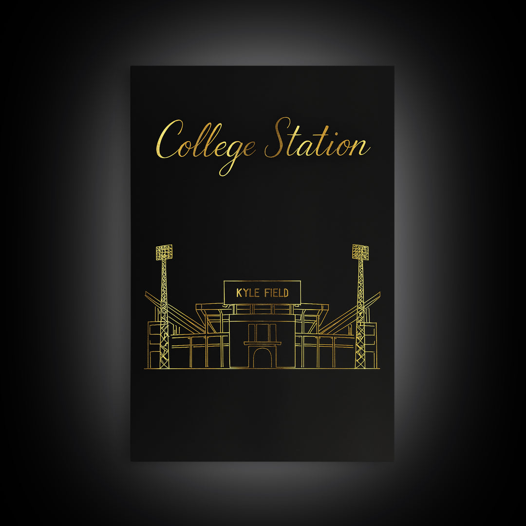 College Station Travel Poster, Framed Canvas Print, Minimalist Gold Line Art, College Station Travel Art, Watercolor Skyline