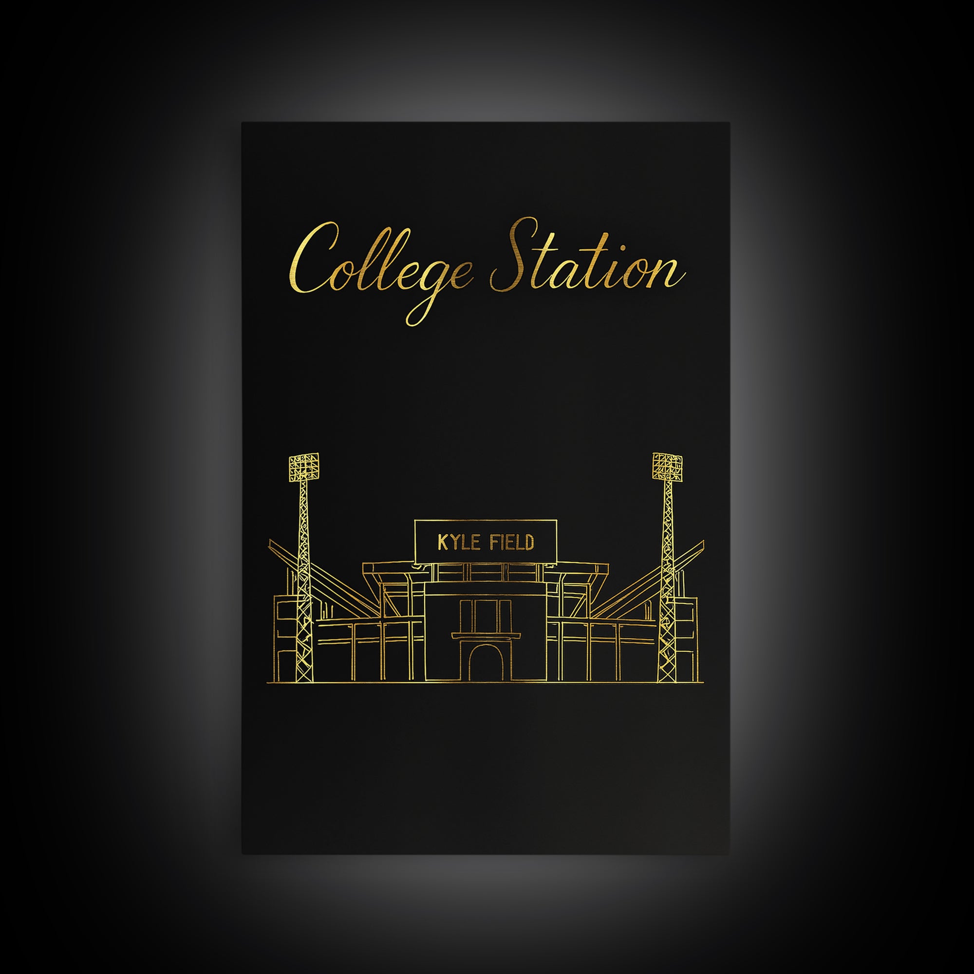 College Station Travel Poster, Framed Canvas Print, Minimalist Gold Line Art, College Station Travel Art, Watercolor Skyline
