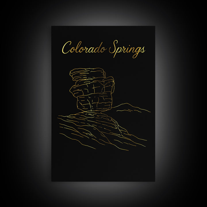 Colorado Springs Travel Poster, Framed Canvas Print, Black Gold Minimalist Art, Colorado Springs Poster Print, Fine Art Print, Design 2