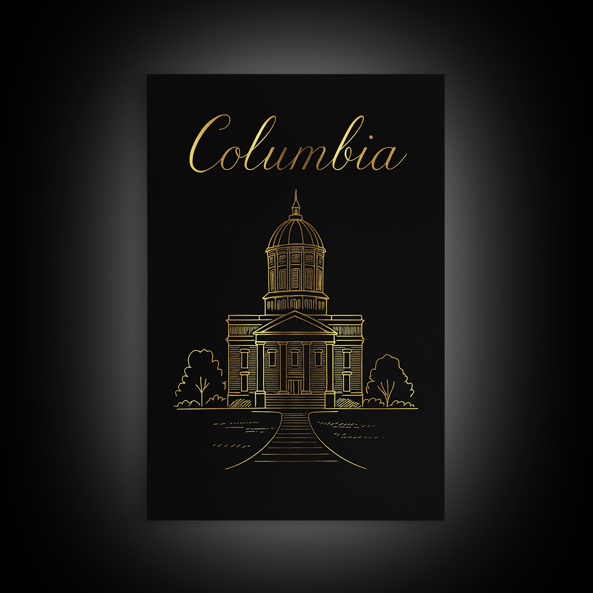 Columbia Travel Poster, Framed Canvas Print, Gold Outline Poster Art, Columbia Poster Print, City Art Print, Vintage Travel Print