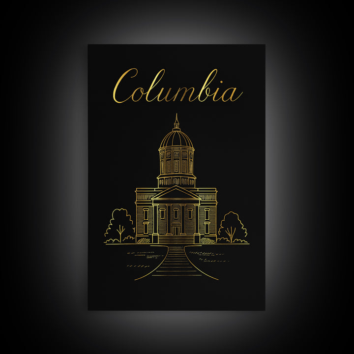 Columbia Travel Poster, Framed Canvas Print, Gold Outline Poster Art, Columbia Poster Print, City Art Print, Vintage Travel Print