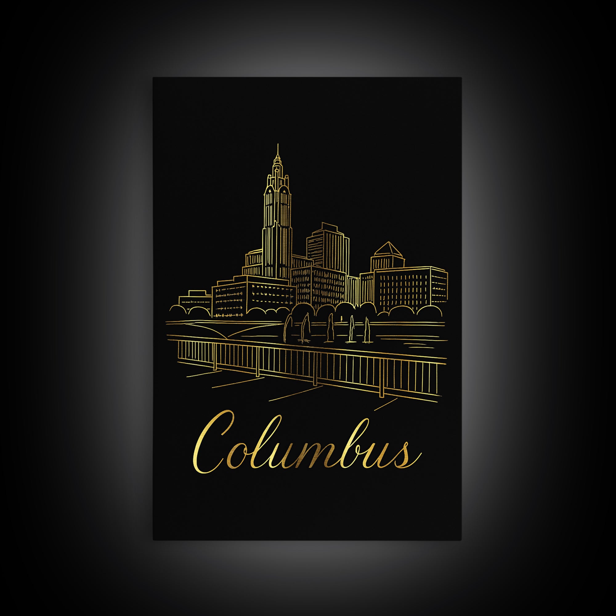Columbus Ohio Travel Poster, Framed Canvas Print, Black Gold Minimalist Art, Columbus Travel Art, Travel Wall Art, Living Room Wall Art