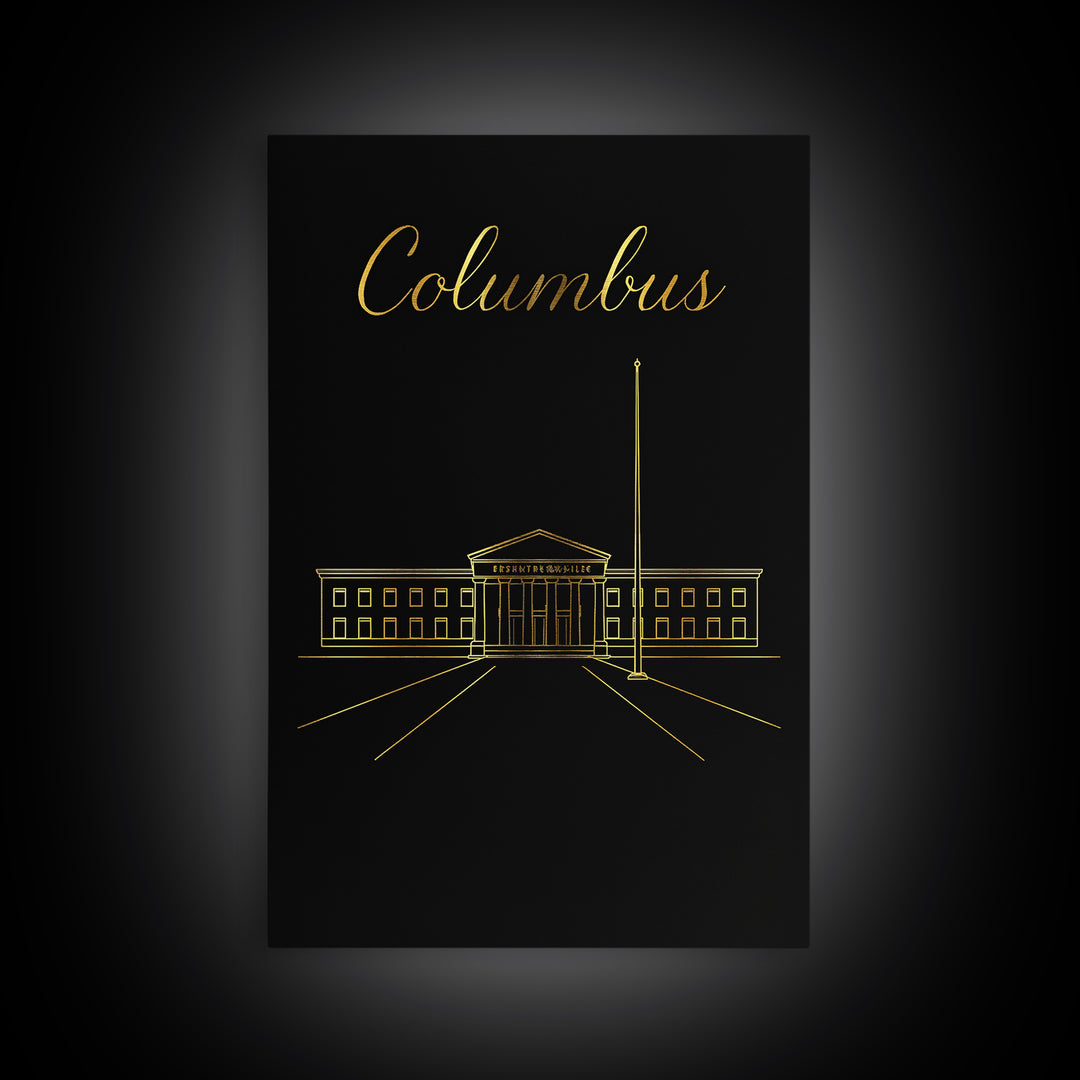 Columbus Travel Poster, Framed Canvas Print, Dark Minimalist Wall Art, Columbus Travel Art, Travel Poster Art, Mid Century Wall Art