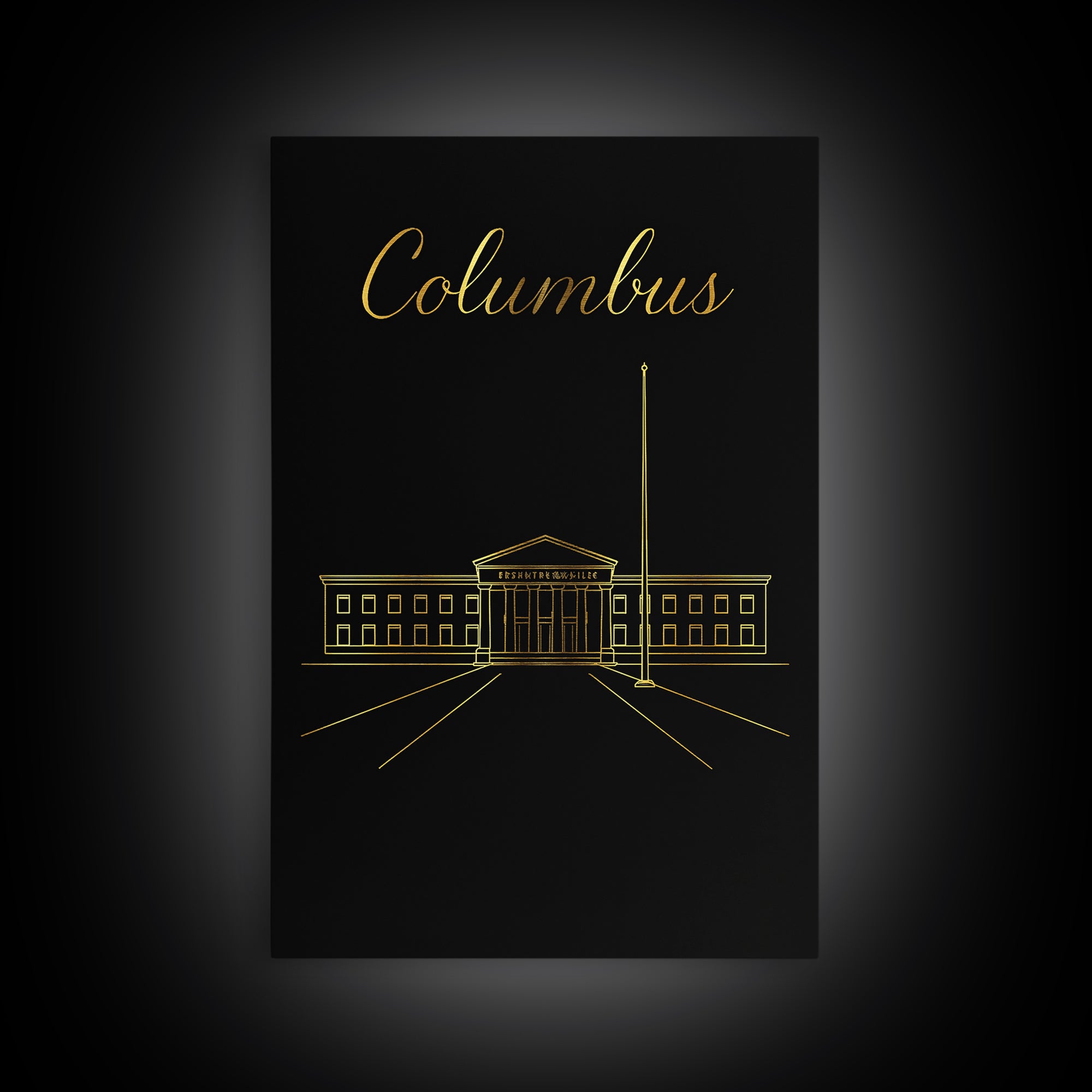 Columbus Travel Poster, Framed Canvas Print, Dark Minimalist Wall Art, Columbus Travel Art, Travel Poster Art, Mid Century Wall Art