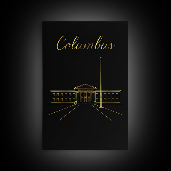 Columbus Travel Poster, Framed Canvas Print, Dark Minimalist Wall Art, Columbus Travel Art, Travel Poster Art, Mid Century Wall Art