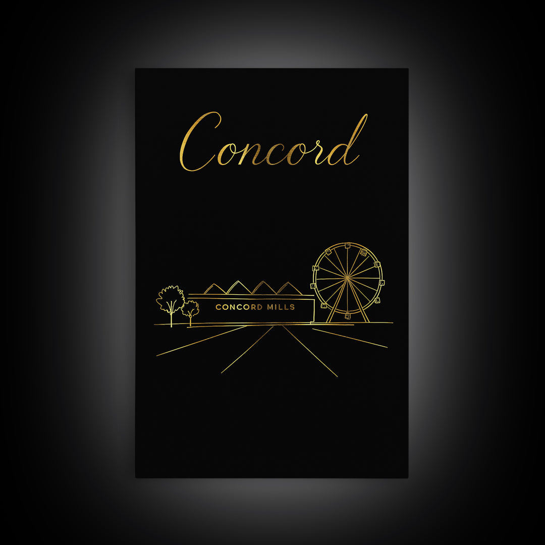 Concord Travel Poster, Framed Canvas Print, Minimalist Gold Line Art, Concord Poster Print, Wanderlust Decor, Home Office Decor