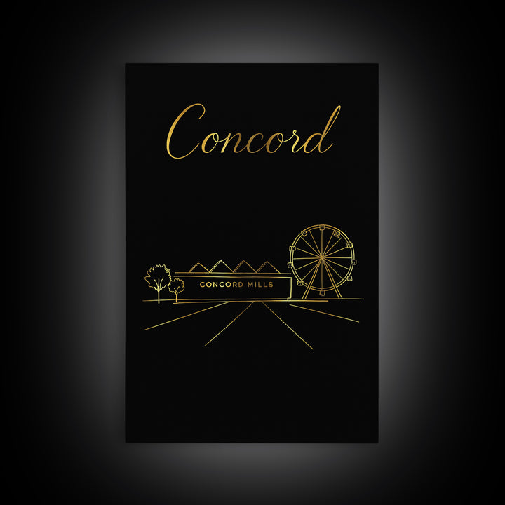 Concord Travel Poster, Framed Canvas Print, Minimalist Gold Line Art, Concord Poster Print, Wanderlust Decor, Home Office Decor