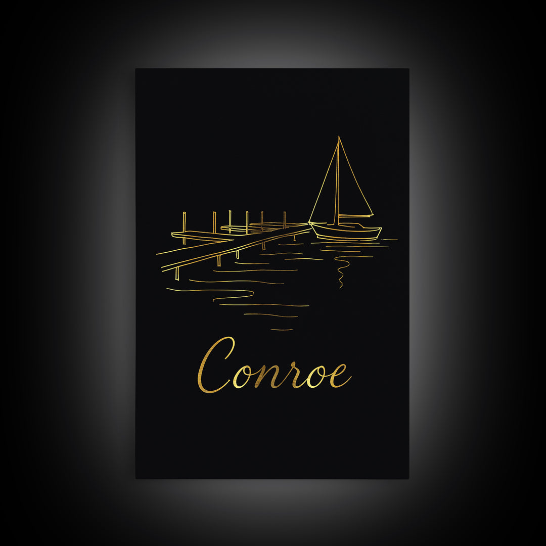 Conroe Texas Travel Poster, Canvas Print, Dark Minimalist Wall Art, Conroe Art Print, Wanderlust Decor, Travel Print, Retro Travel Print