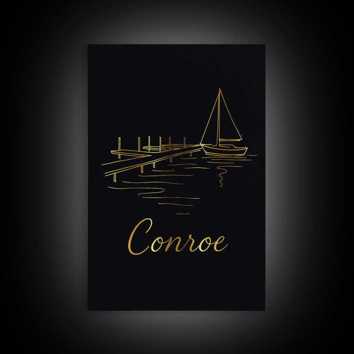 Conroe Texas Travel Poster, Canvas Print, Dark Minimalist Wall Art, Conroe Art Print, Wanderlust Decor, Travel Print, Retro Travel Print