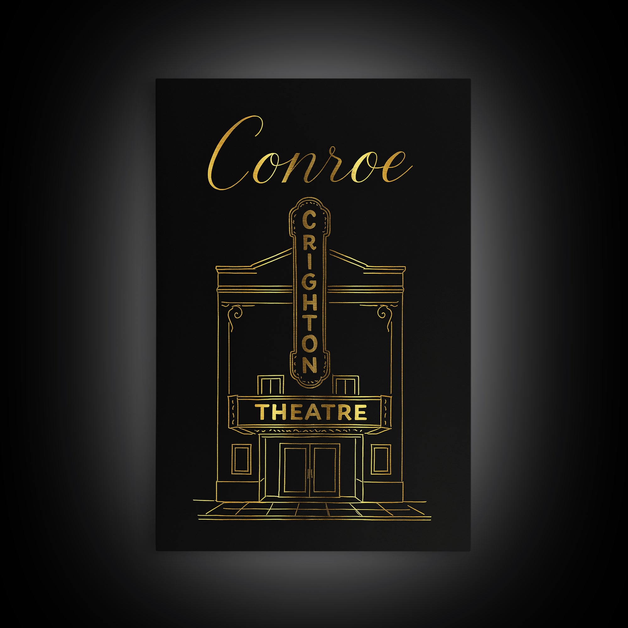 Conroe Travel Poster, Canvas Print, Gold Outline Poster Art, Conroe City Art, City Art Print, Travel Art Print, Gift For Travelers