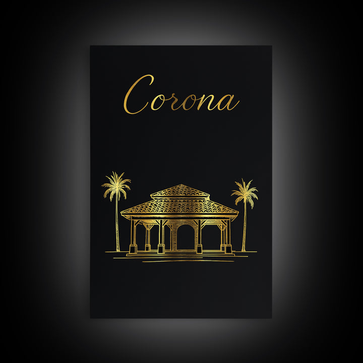 Corona Travel Poster, Framed Canvas Print, Dark Minimalist Wall Art, Corona City Art, Retro Travel Print, Travel Wall Art, Landscape Art