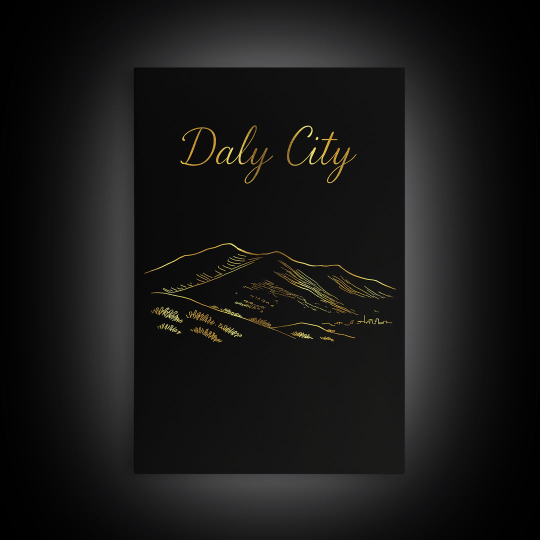 Daly City Travel Poster, Framed Canvas Print, Dark Minimalist Wall Art, Daly City City Art, Vintage Travel Print, Travel Wall Art