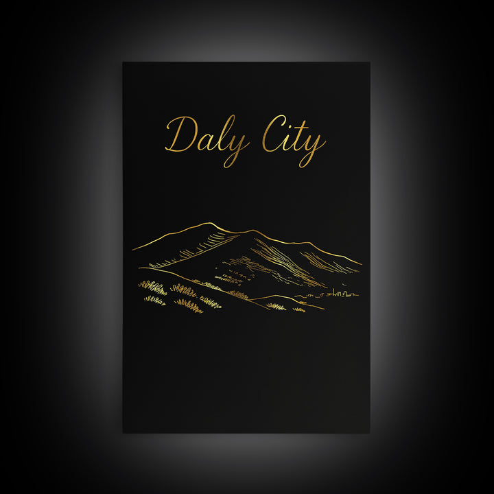 Daly City Travel Poster, Framed Canvas Print, Dark Minimalist Wall Art, Daly City City Art, Vintage Travel Print, Travel Wall Art