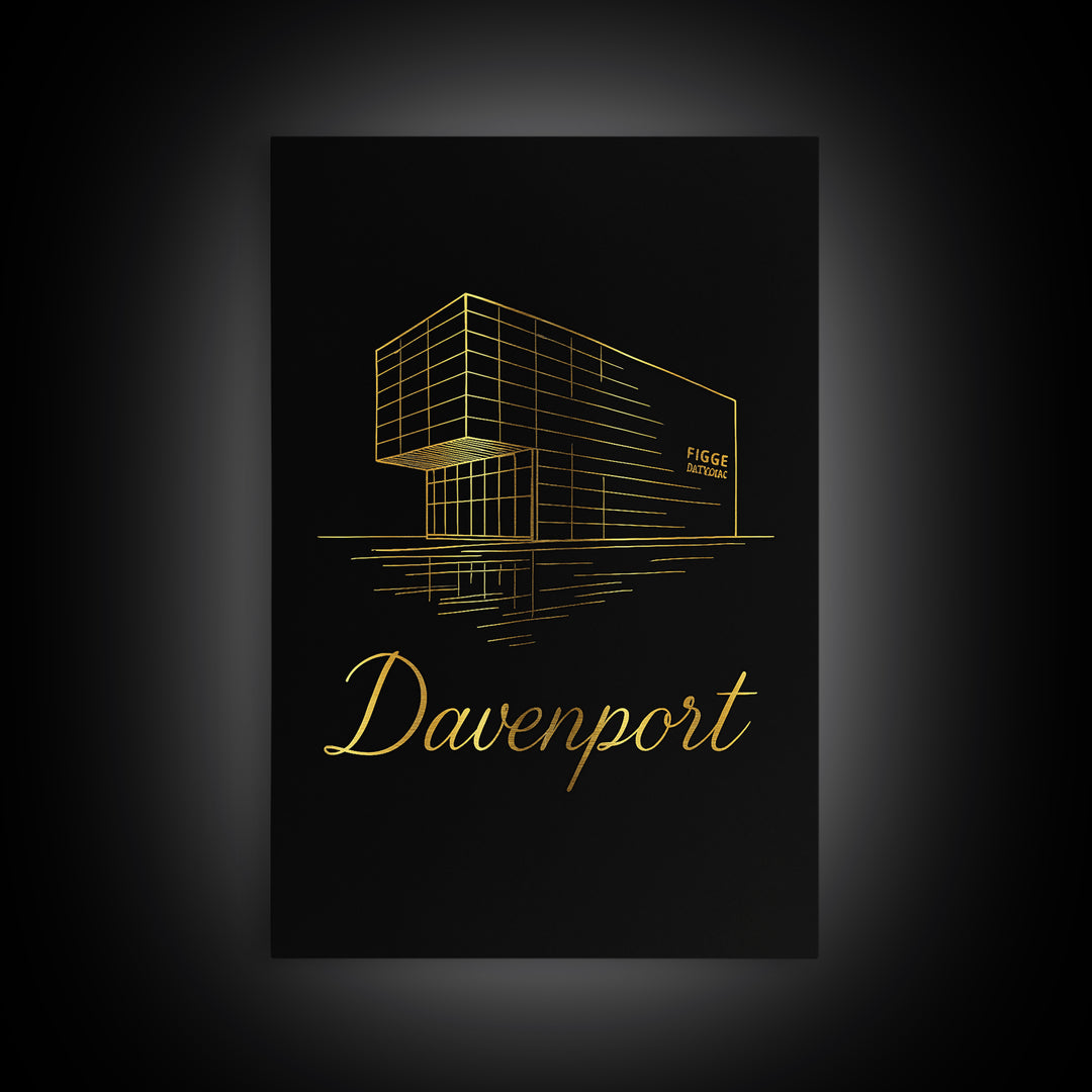 Davenport Iowa Travel Poster, Framed Canvas Print, Minimalist Gold Line Art, Davenport Wall Art, City Travel Prints, Retro Travel Print