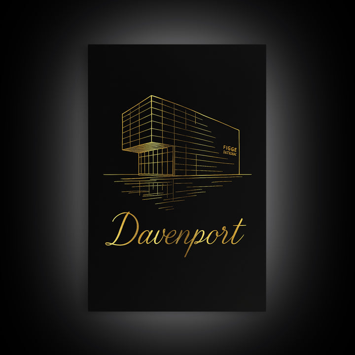 Davenport Iowa Travel Poster, Framed Canvas Print, Minimalist Gold Line Art, Davenport Wall Art, City Travel Prints, Retro Travel Print