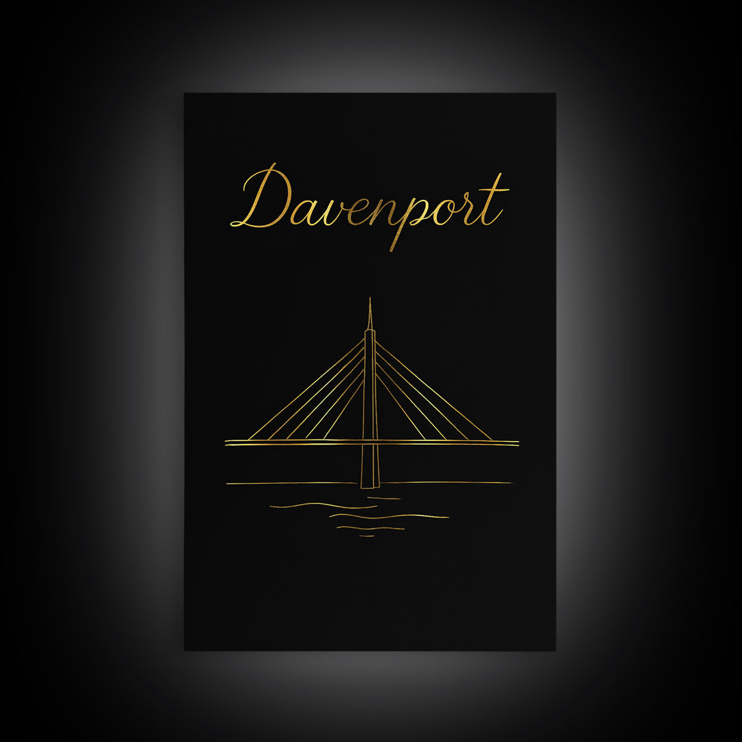 Davenport Travel Poster, Canvas Print, Gold Outline Poster Art, Davenport Poster Print, Home Office Decor, Wanderlust Decor, Travel Decor