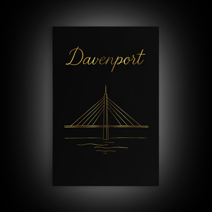 Davenport Travel Poster, Canvas Print, Gold Outline Poster Art, Davenport Poster Print, Home Office Decor, Wanderlust Decor, Travel Decor