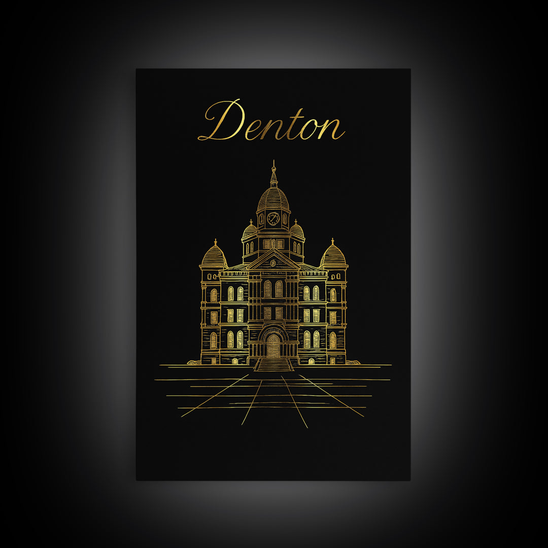 Denton Travel Poster, Framed Canvas Print, Minimalist Gold Line Art, Denton Art Print, City Art Print, Travel Poster Art, Fine Art Print