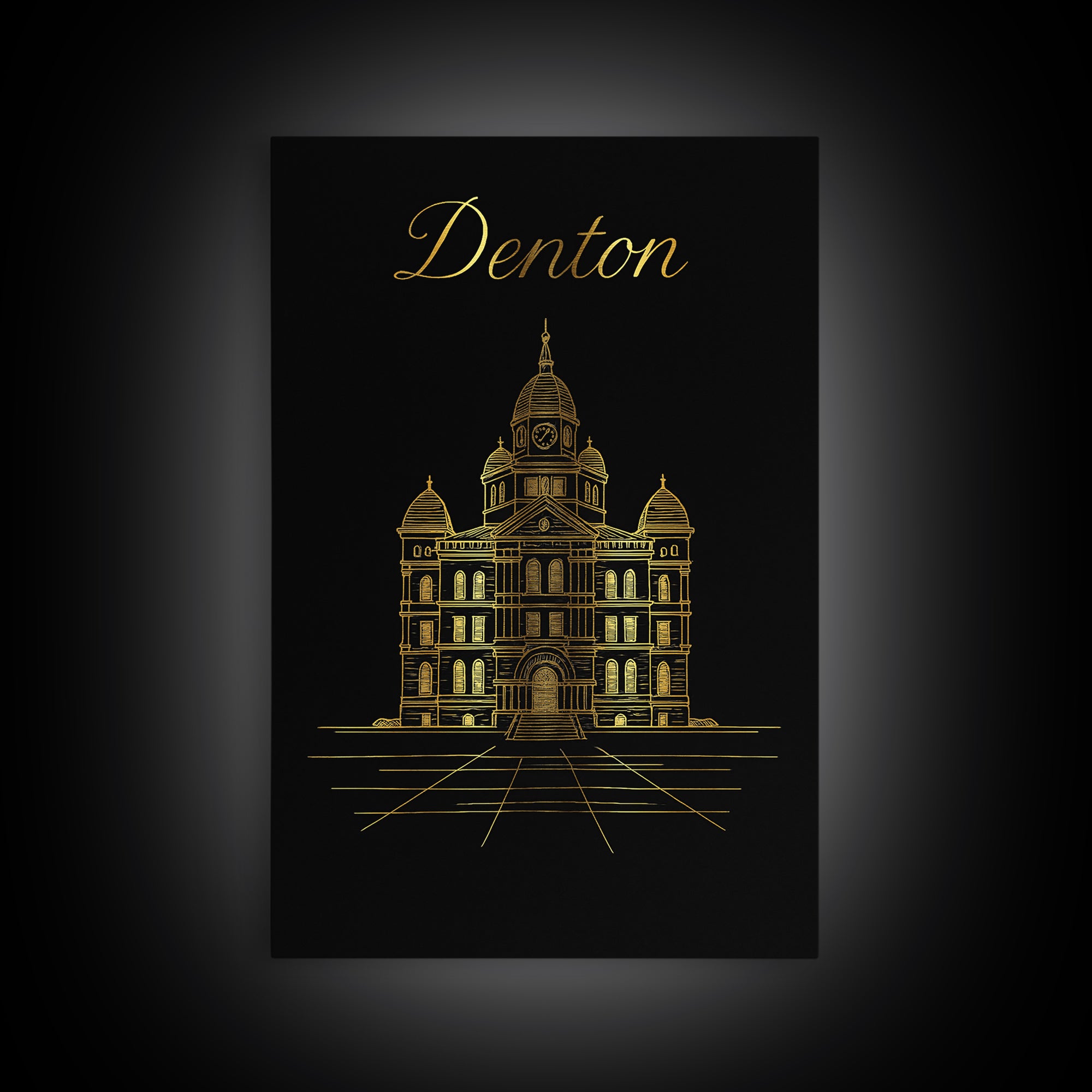 Denton Travel Poster, Framed Canvas Print, Minimalist Gold Line Art, Denton Art Print, City Art Print, Travel Poster Art, Fine Art Print