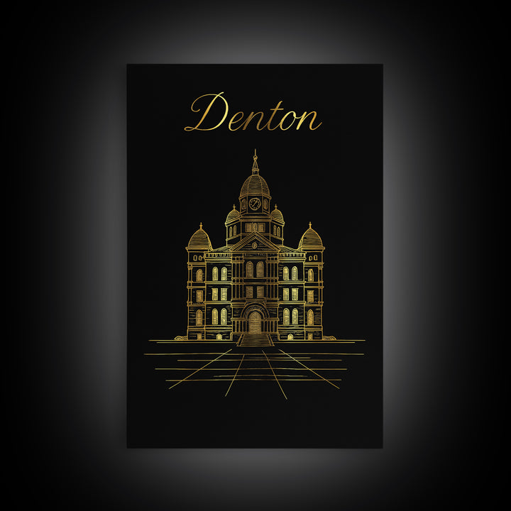 Denton Travel Poster, Framed Canvas Print, Minimalist Gold Line Art, Denton Art Print, City Art Print, Travel Poster Art, Fine Art Print